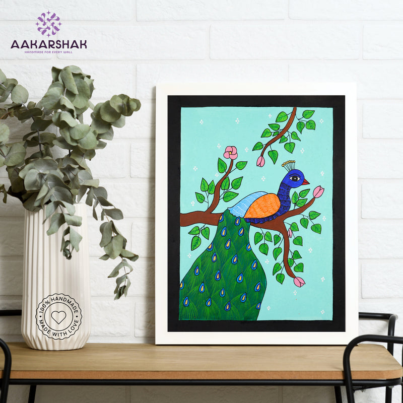 Handmade Pichwai Peacock Painting Framed 12x16 Inch Wall Art