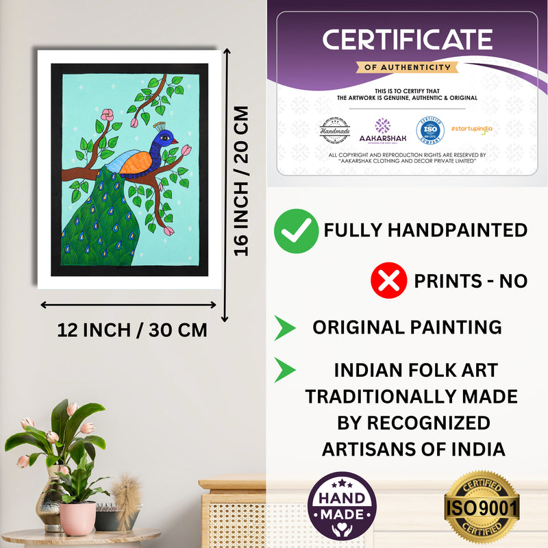 Framed artwork with dimensions, authenticity certificate and handmade iso certified-peacock warli painting