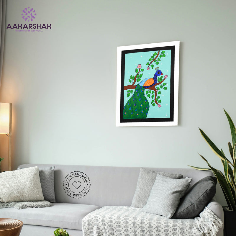 vibrant handmade peacock painting-depicting indian folk traditions