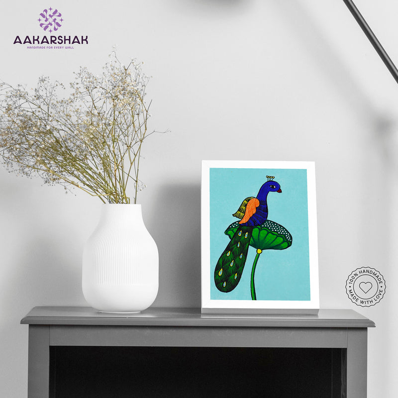 Handmade pichwai peacock painting-with tabletop stand for home decor