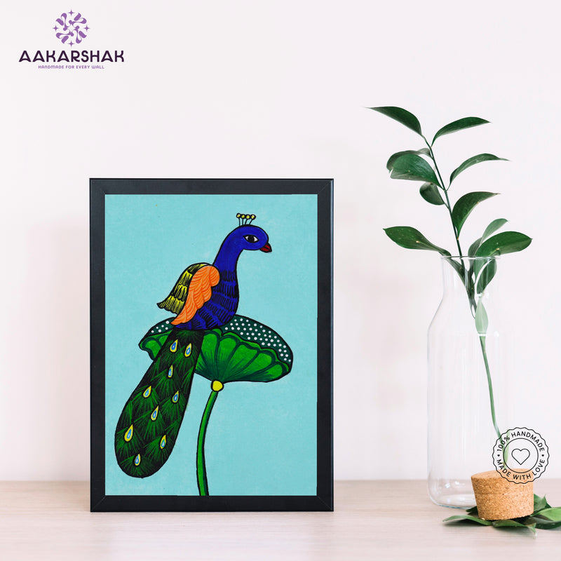 Handmade pichwai peacock painting-with tabletop stand for home decor
