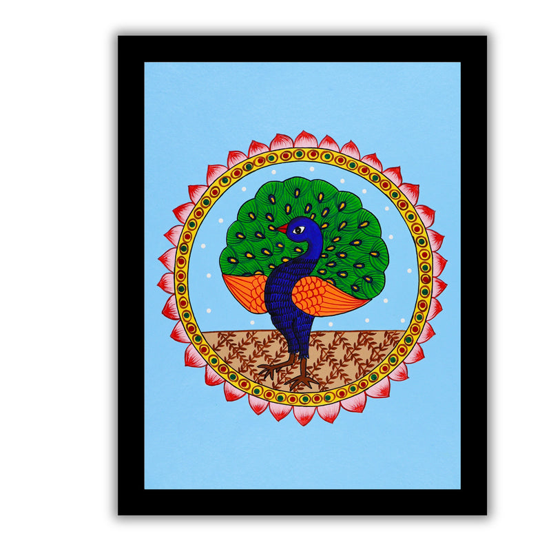 Framed artwork of a colorful peacock illustration on a blue background-with handmade pichwai painting