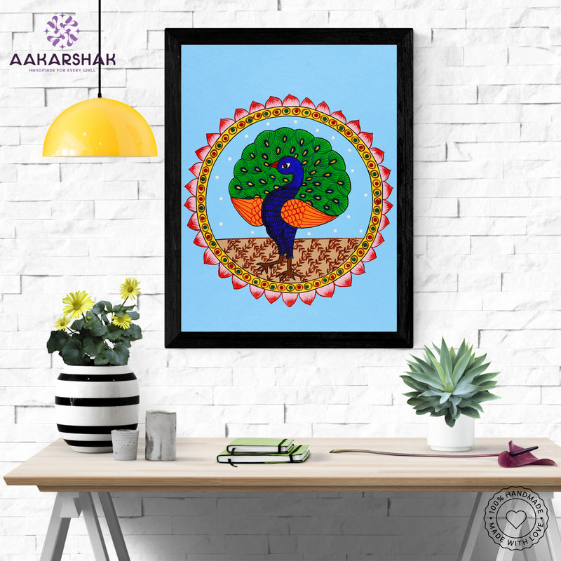 Framed artwork with peacock design on a blue background-handmade pichwai painting for home decor