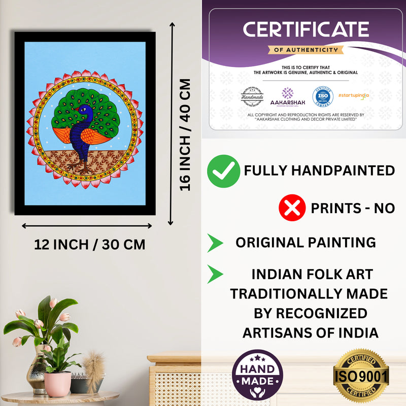Framed artwork with dimensions, authenticity certificate and handmade iso certified-peacock pichwai painting