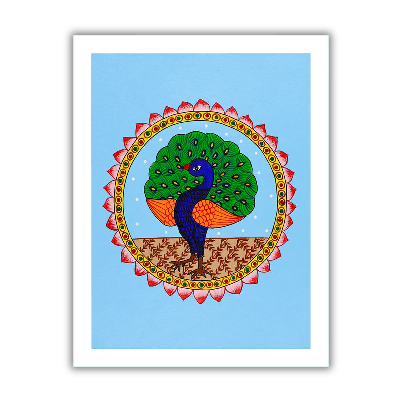 Framed artwork of a colorful peacock illustration on a blue background-with handmade pichwai painting