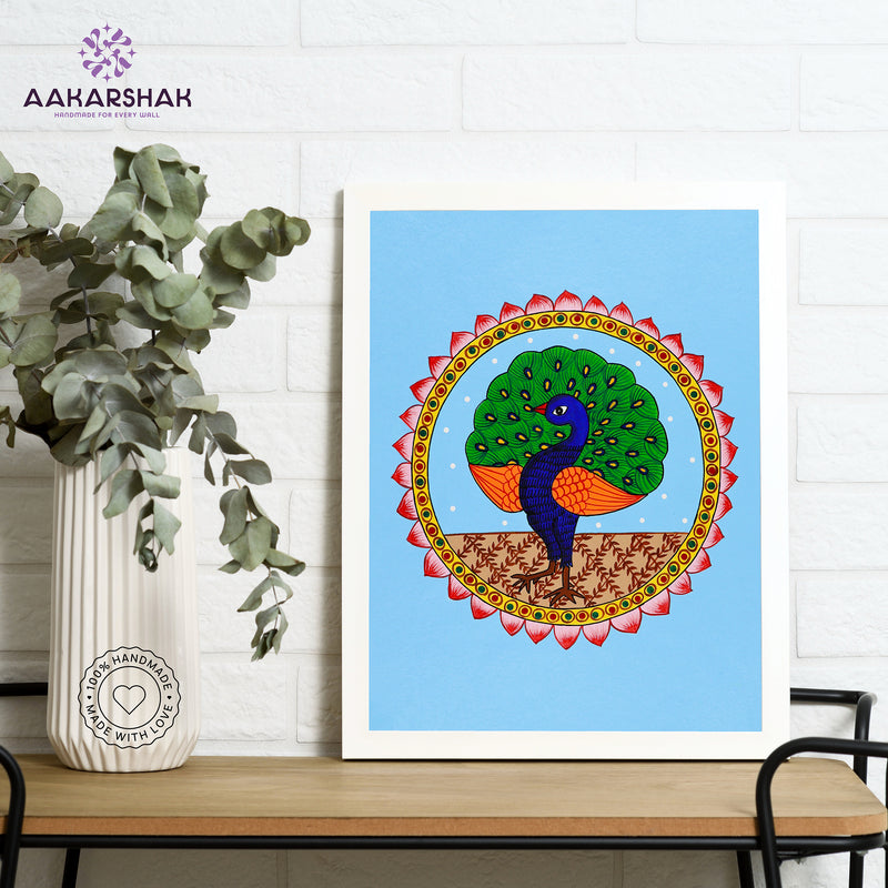 Framed artwork with peacock design on a blue background-handmade pichwai painting for home decor