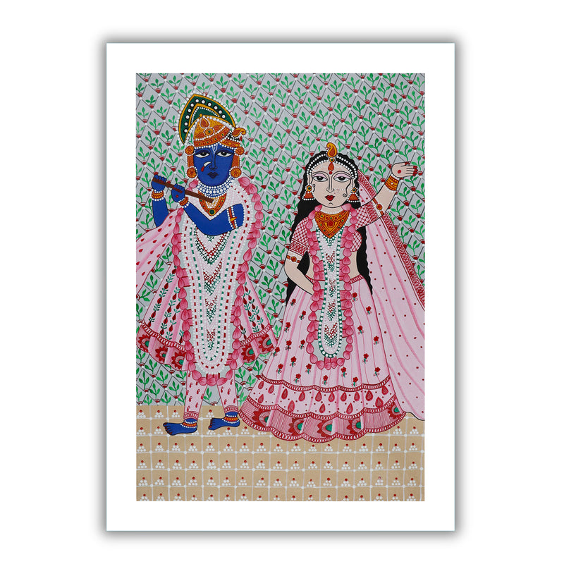 Framed artwork of a colorful radha-krishna handmade pichwai painting