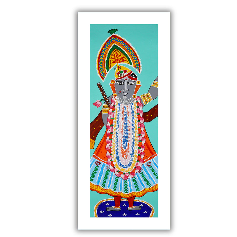 Framed artwork of a colorful shrinathji-with handmade pichwai painting