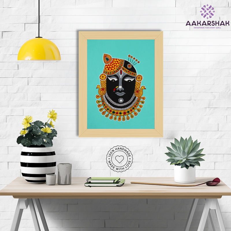 Framed artwork with shrinathji design on a loght background-handmade pichwai painting for home decor