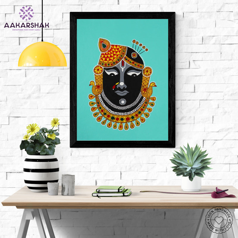 Framed artwork with shrinathji design on a loght background-handmade pichwai painting for home decor