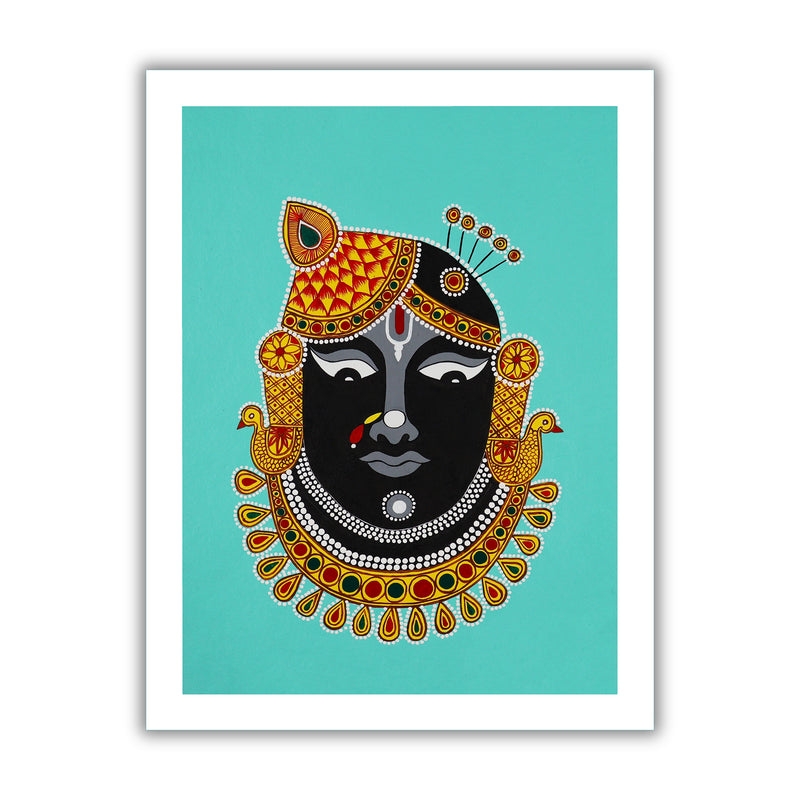 Framed artwork of a colorful shrinathji illustration on a light green background-with handmade pichwai painting