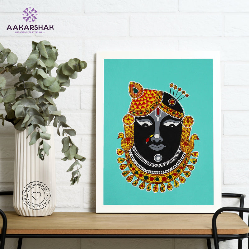 Framed artwork with shrinathji design on a loght background-handmade pichwai painting for home decor
