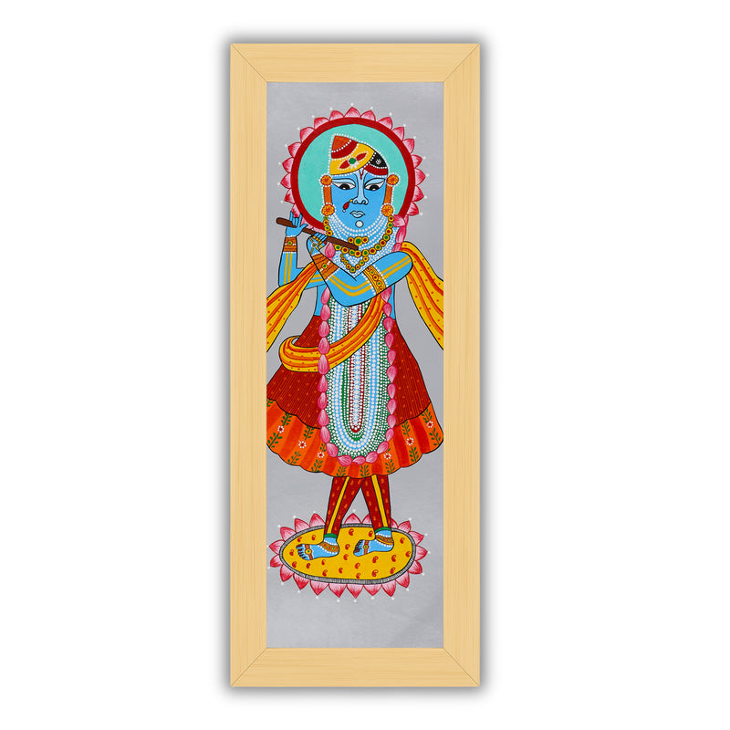 Framed artwork of a colorful shrinathji-with handmade pichwai painting