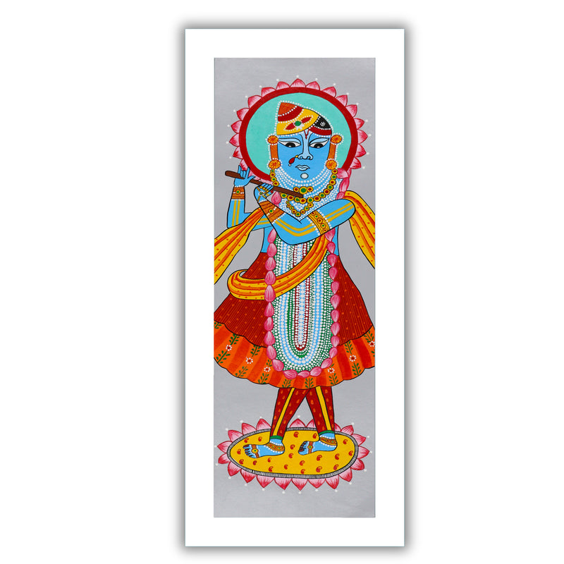 Framed artwork of a colorful shrinathji-with handmade pichwai painting
