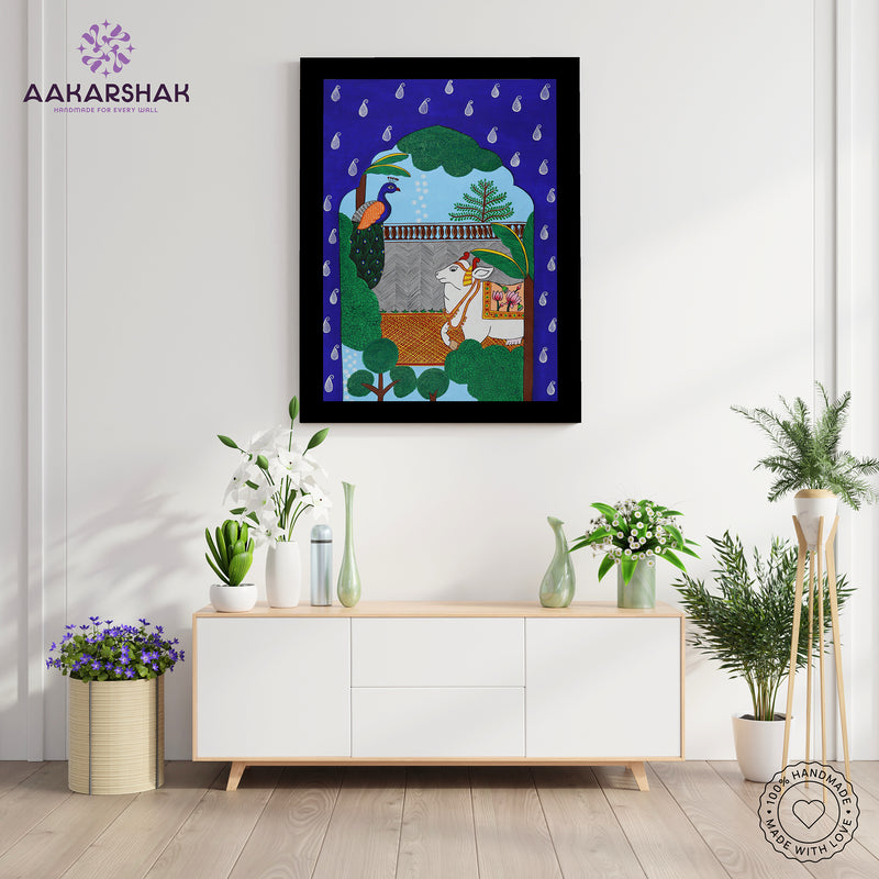 Handmade Pichwai Cow Peacock Jharokha Painting Framed 17x24 Inch Wall Art