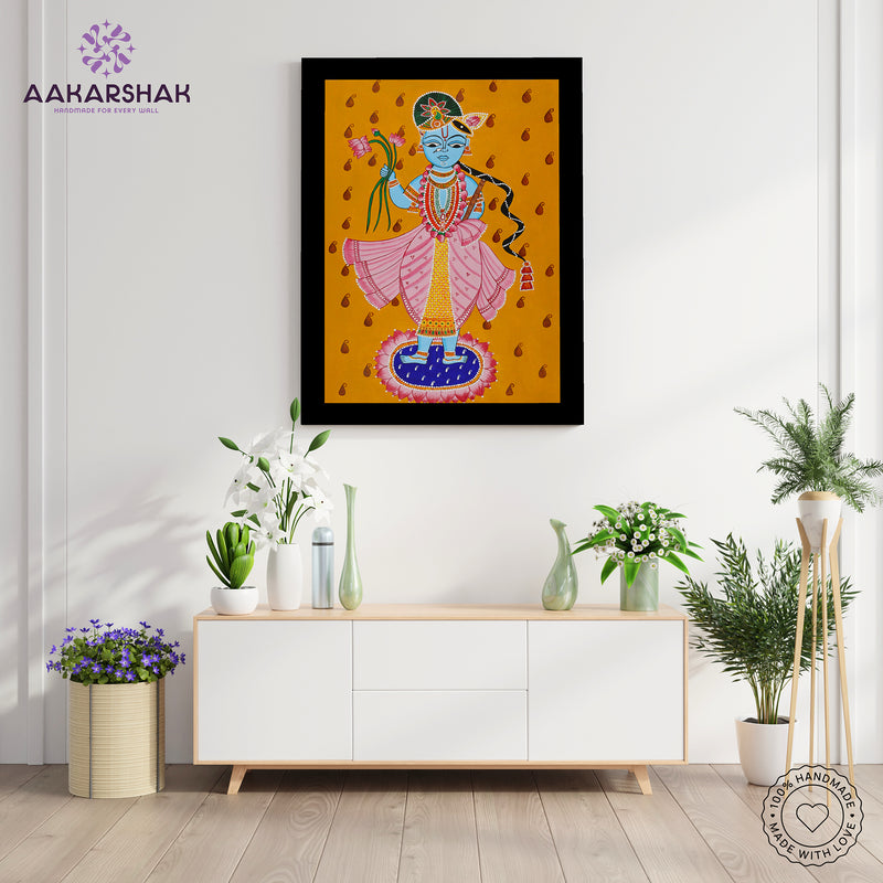 Handmade Pichwai Krishna Painting Framed 17x24 Inch Wall Art