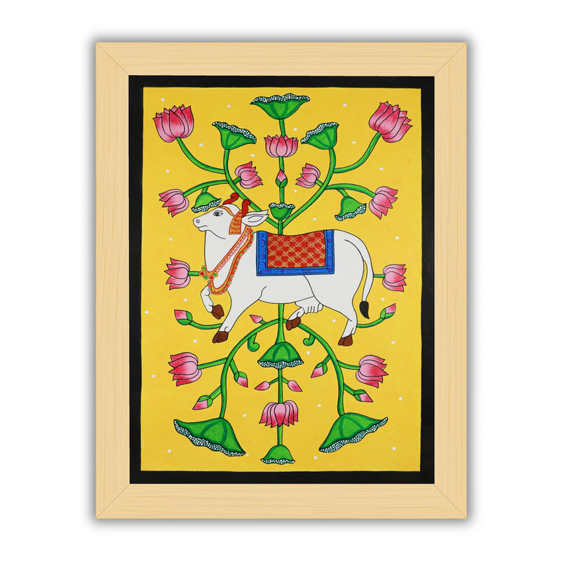 Handmade Pichwai Cow Painting Framed 17x24 Inch Wall Art