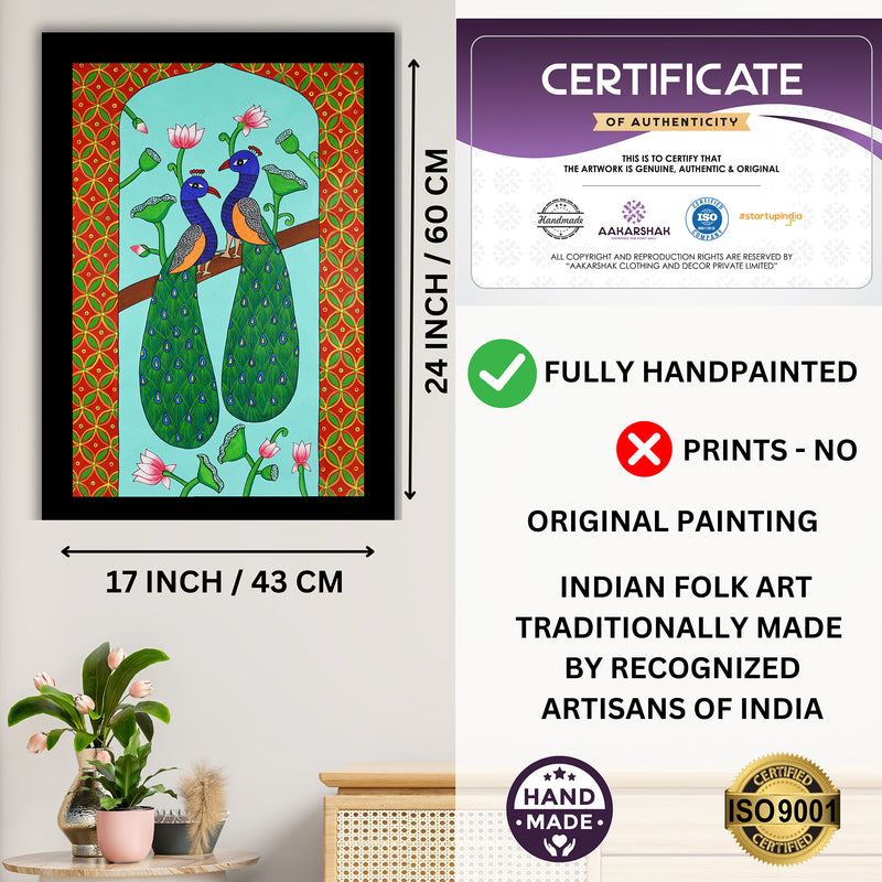 Handmade Pichwai Peacock Painting Framed 17x24 Inch Wall Art