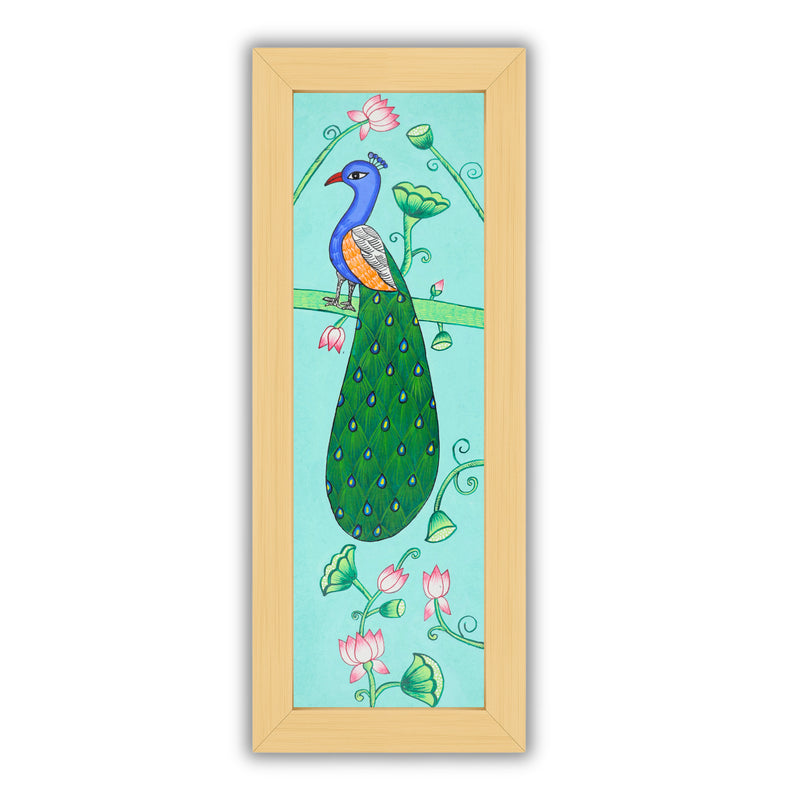 Framed artwork of a colorful peacock-with handmade pichwai painting