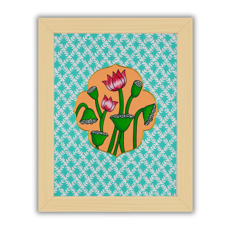 Handmade Pichwai painting with Lotus motif, framed for wall decor – traditional Indian temple art