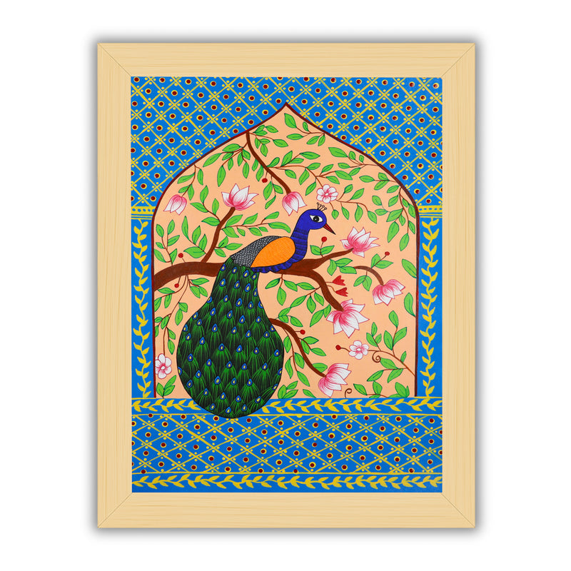Handmade Pichwai Peacock Painting Framed 17x24 Inch Wall Art