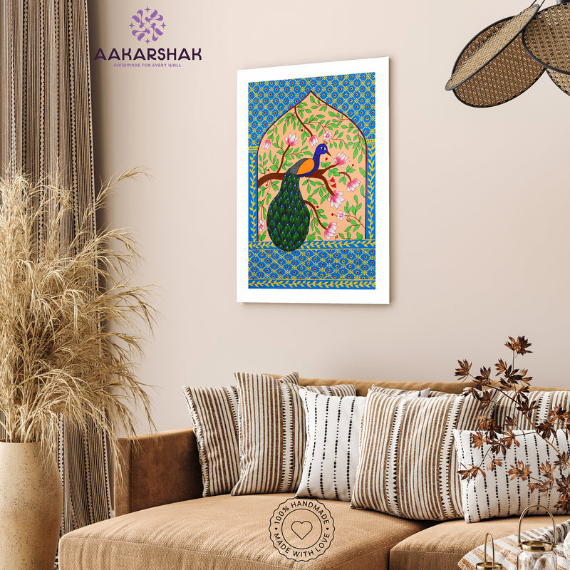 Handmade Pichwai Peacock Painting Framed 17x24 Inch Wall Art
