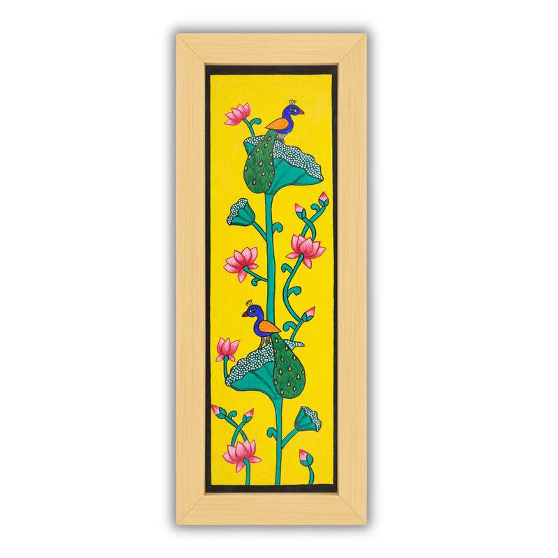 Framed artwork of a colorful peacock-with handmade pichwai painting