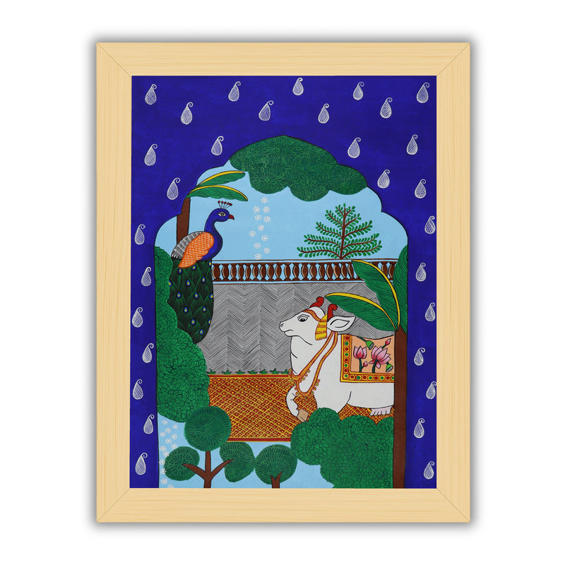 Handmade Pichwai Cow Peacock Jharokha Painting Framed 17x24 Inch Wall Art