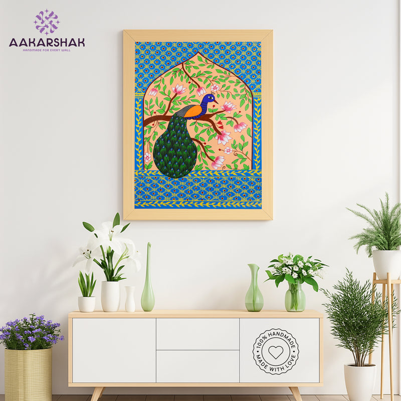 Handmade Pichwai Peacock Painting Framed 17x24 Inch Wall Art