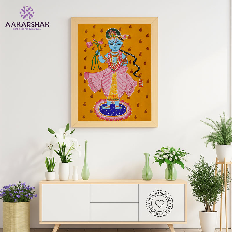Handmade Pichwai Krishna Painting Framed 17x24 Inch Wall Art