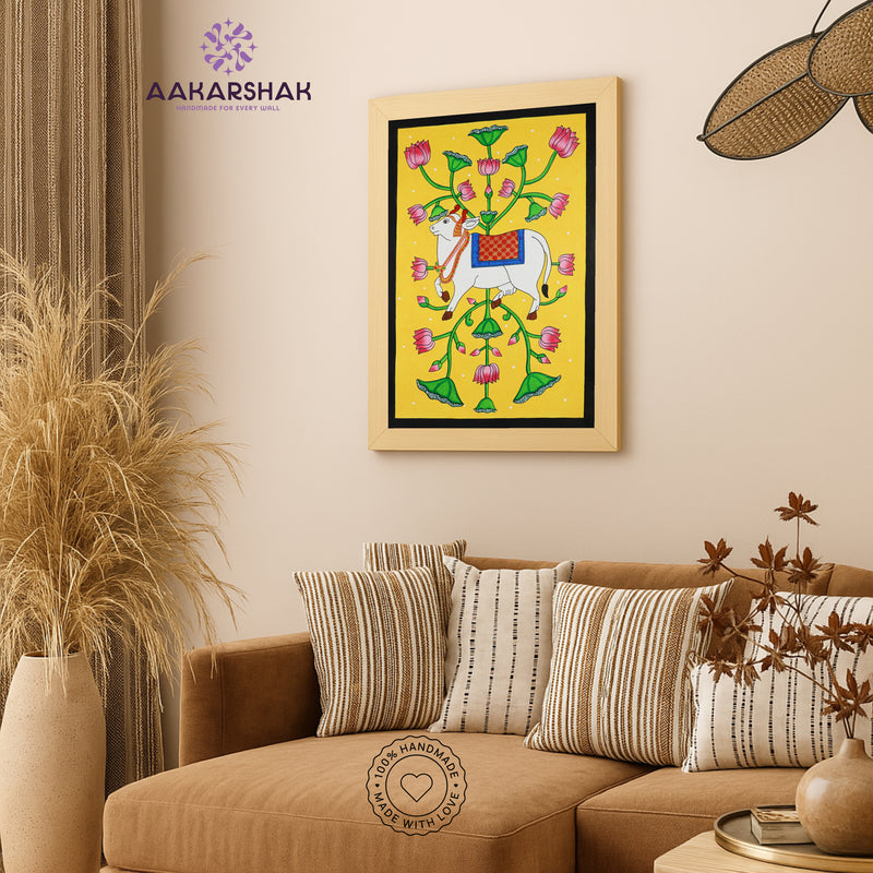 Handmade Pichwai Cow Painting Framed 17x24 Inch Wall Art