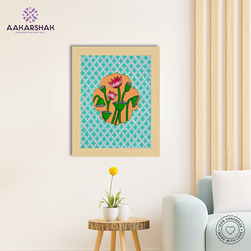 Close-up of hand-painted Pichwai design using vibrant colors and natural themes
