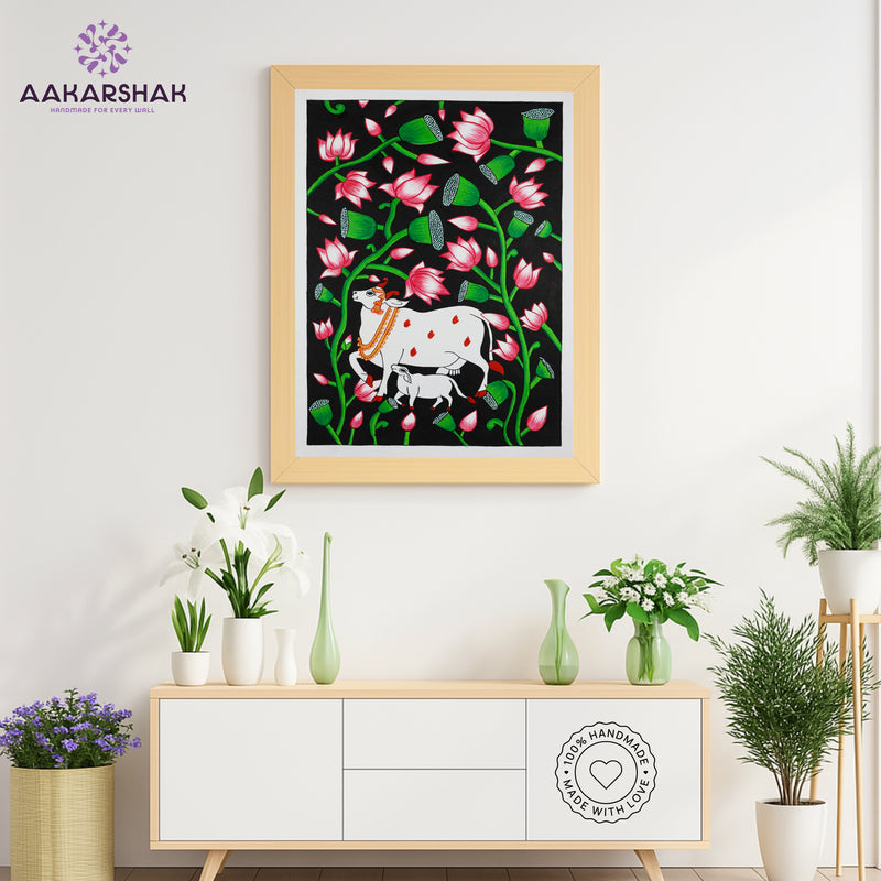 Handmade Pichwai Cow Painting Framed 17x24 Inch Wall Art