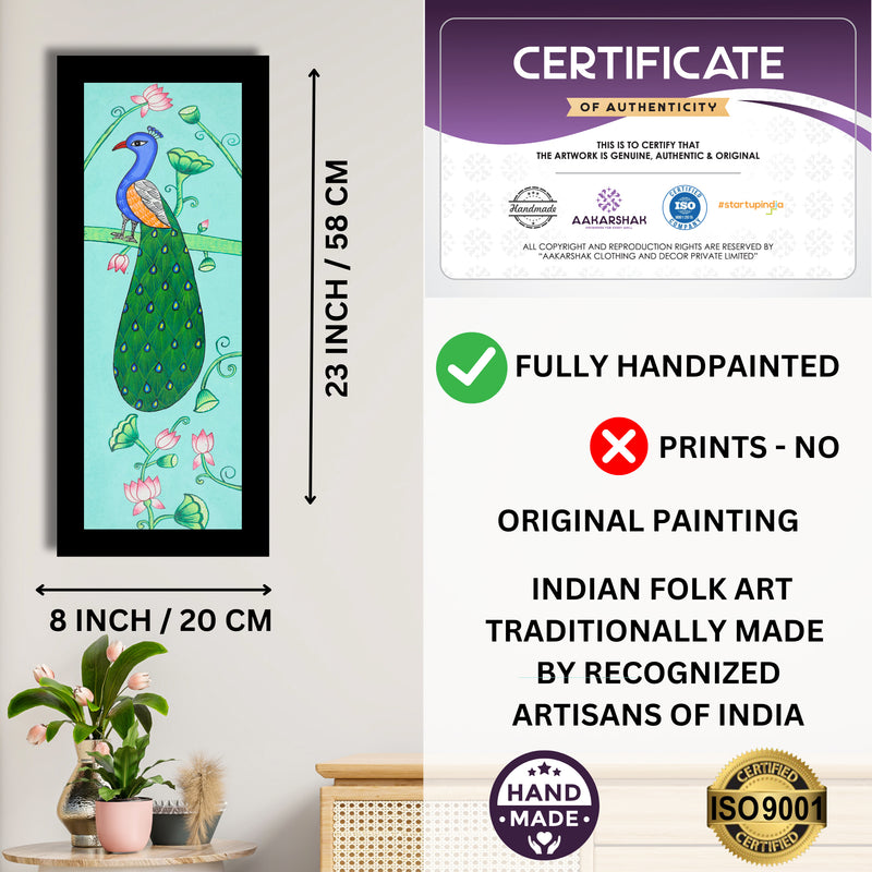 Framed artwork with dimensions, authenticity certificate and handmade iso certified-peacock pichwai painting