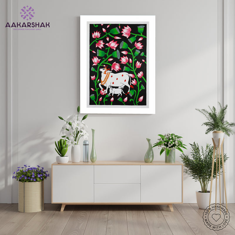 Handmade Pichwai Cow Painting Framed 17x24 Inch Wall Art