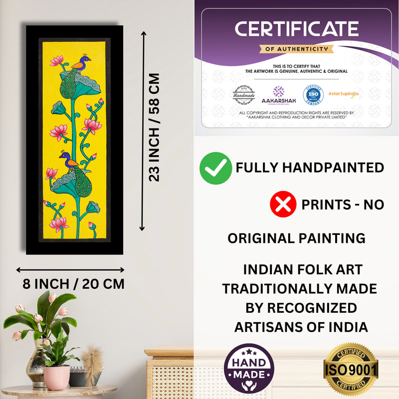 Framed artwork with dimensions, authenticity certificate and handmade iso certified-peacock pichwai painting