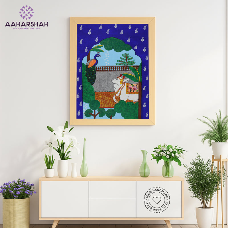 Handmade Pichwai Cow Peacock Jharokha Painting Framed 17x24 Inch Wall Art