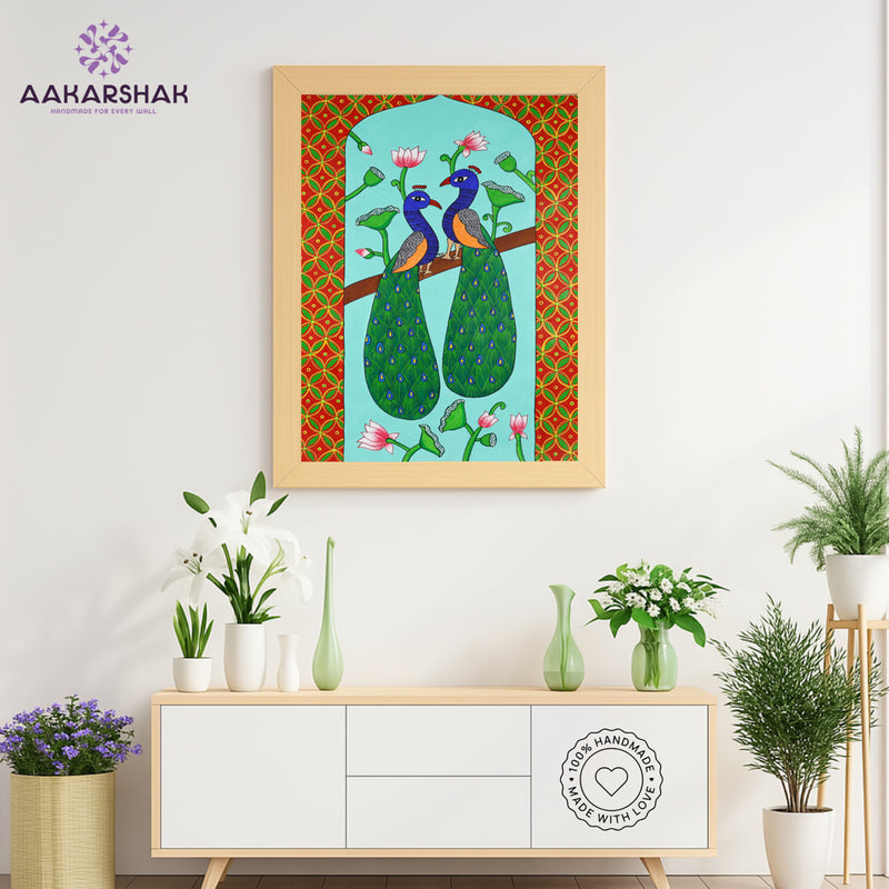 Handmade Pichwai Peacock Painting Framed 17x24 Inch Wall Art