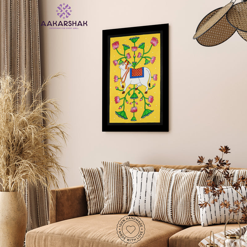 Handmade Pichwai Cow Painting Framed 17x24 Inch Wall Art