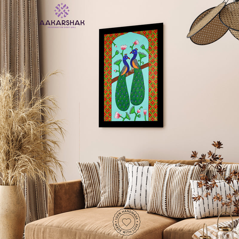 Handmade Pichwai Peacock Painting Framed 17x24 Inch Wall Art