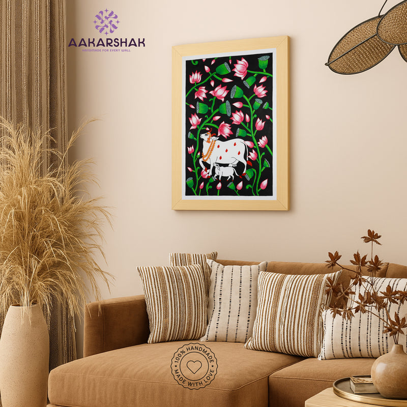 Handmade Pichwai Cow Painting Framed 17x24 Inch Wall Art
