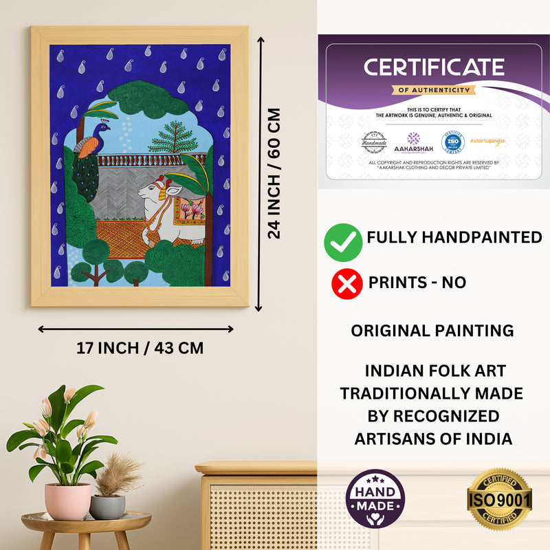 Handmade Pichwai Cow Peacock Jharokha Painting Framed 17x24 Inch Wall Art