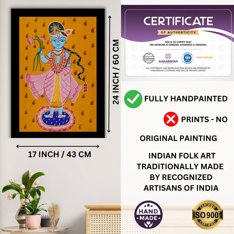 Handmade Pichwai Krishna Painting Framed 17x24 Inch Wall Art