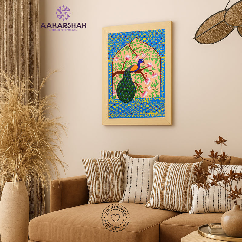Handmade Pichwai Peacock Painting Framed 17x24 Inch Wall Art