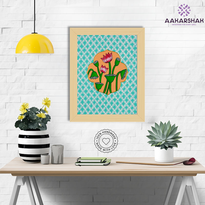 Traditional Pichwai painting on cloth with detailed background motifs – framed and ready to hang