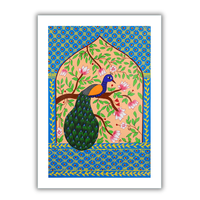 Handmade Pichwai Peacock Painting Framed 17x24 Inch Wall Art