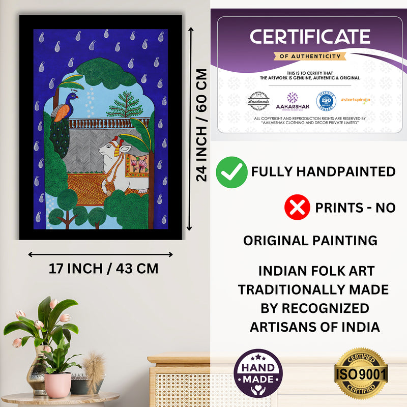 Handmade Pichwai Cow Peacock Jharokha Painting Framed 17x24 Inch Wall Art