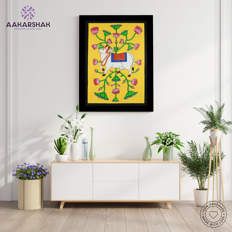 Handmade Pichwai Cow Painting Framed 17x24 Inch Wall Art