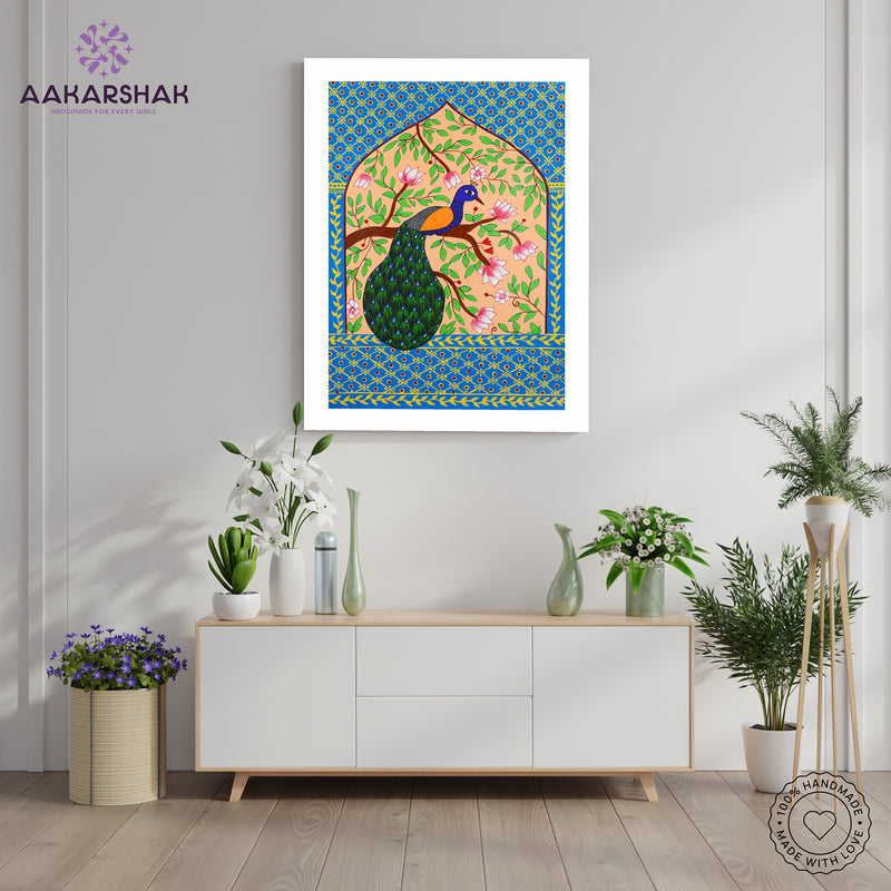 Handmade Pichwai Peacock Painting Framed 17x24 Inch Wall Art