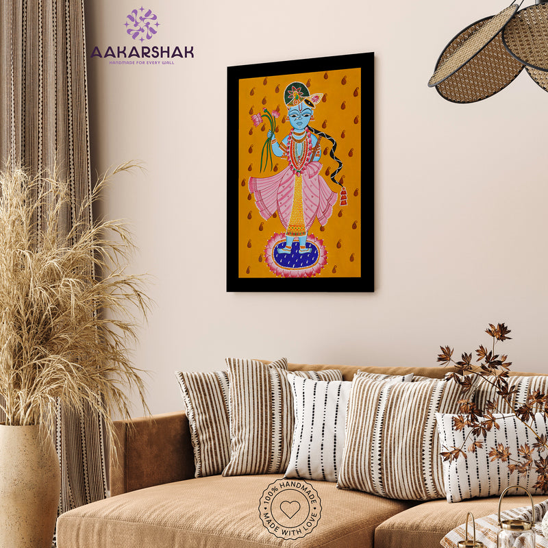 Handmade Pichwai Krishna Painting Framed 17x24 Inch Wall Art